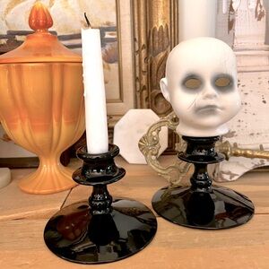 Vintage Set of Two Art Deco Mid Century Black Glass Candlestick Holders
